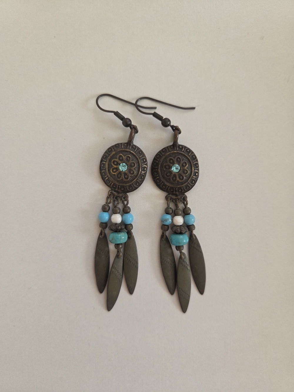 Turquoise Bead Bronze Dangle Earrings - Boho Chic